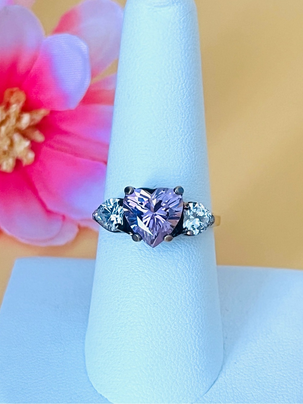Gold over silver ring size 8 pink heart CZ stamped .925, NIB